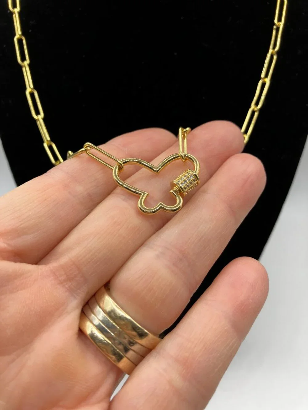 Butterfly Cubic Zirconia Pendant on 18 inch Brass Paper Clip chain Brand New